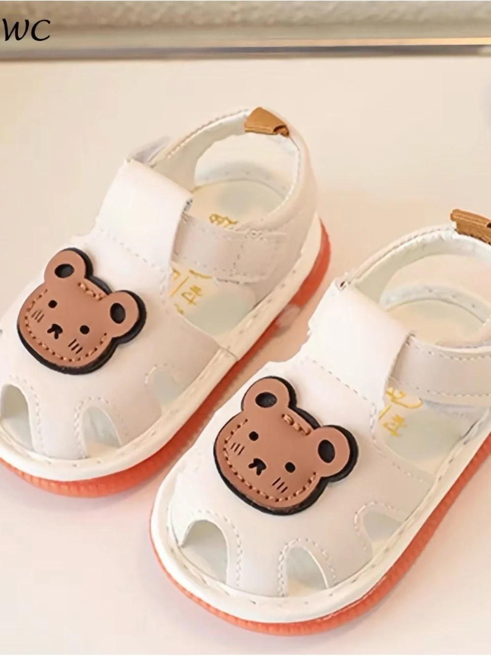 White Kids Sandals with Teddy Accent